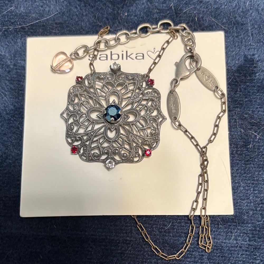 Sabika Intricate Silver Necklace with Blue and Red Accents